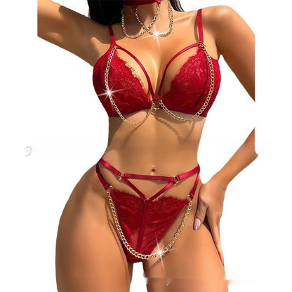 Chain Temptation Red Lace Passion Sexy Lingerie Suit
