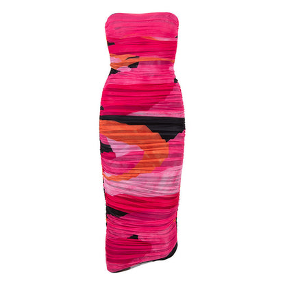 Double-layer Mesh Printed Pleated Hip Tube Top Dress