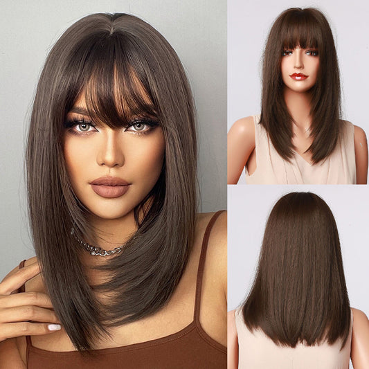 Silk Bangs Black And Brown Shoulder Wig
