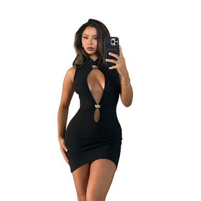 Women's Hollow Slim Sleeveless Sheath Solid Color Dress