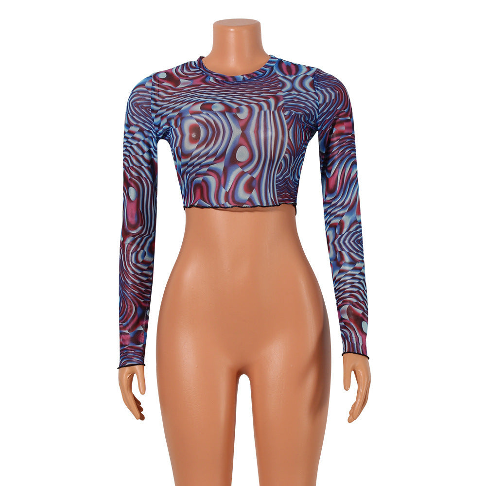 Sexy Mesh Print Long Sleeves Short
