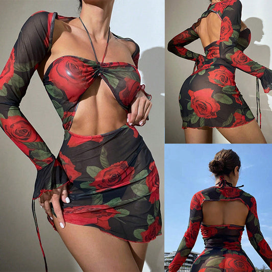 Sexy Backless Print Lace-up Blouse